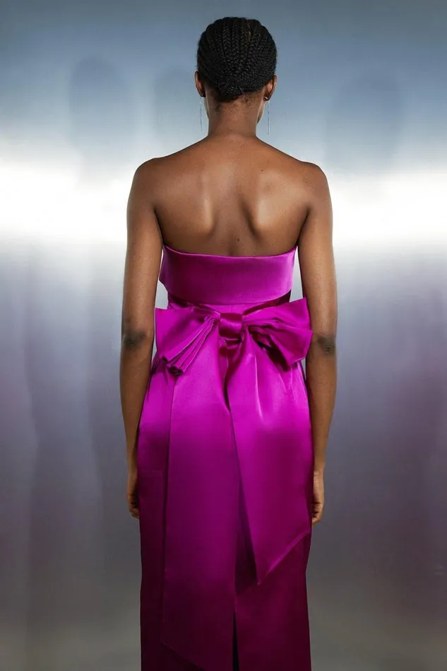 Dresses Women Karen Millen Tailored Italian Satin Bandeau Structured Bow Detail Midi Dress Magenta