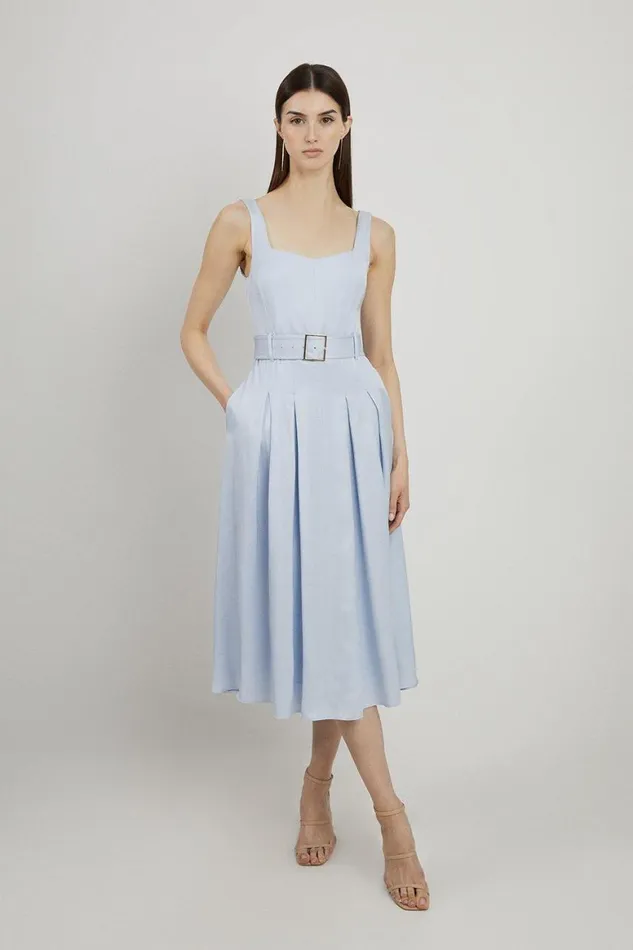 Dresses Women Karen Millen Tailored Linen Belted Full Skirt Midi Dress Pale Blue