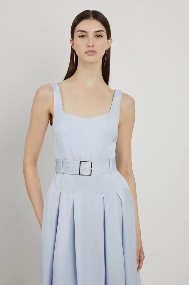Dresses Women Karen Millen Tailored Linen Belted Full Skirt Midi Dress Pale Blue