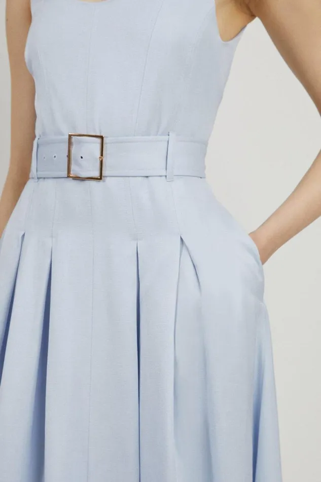 Dresses Women Karen Millen Tailored Linen Belted Full Skirt Midi Dress Pale Blue