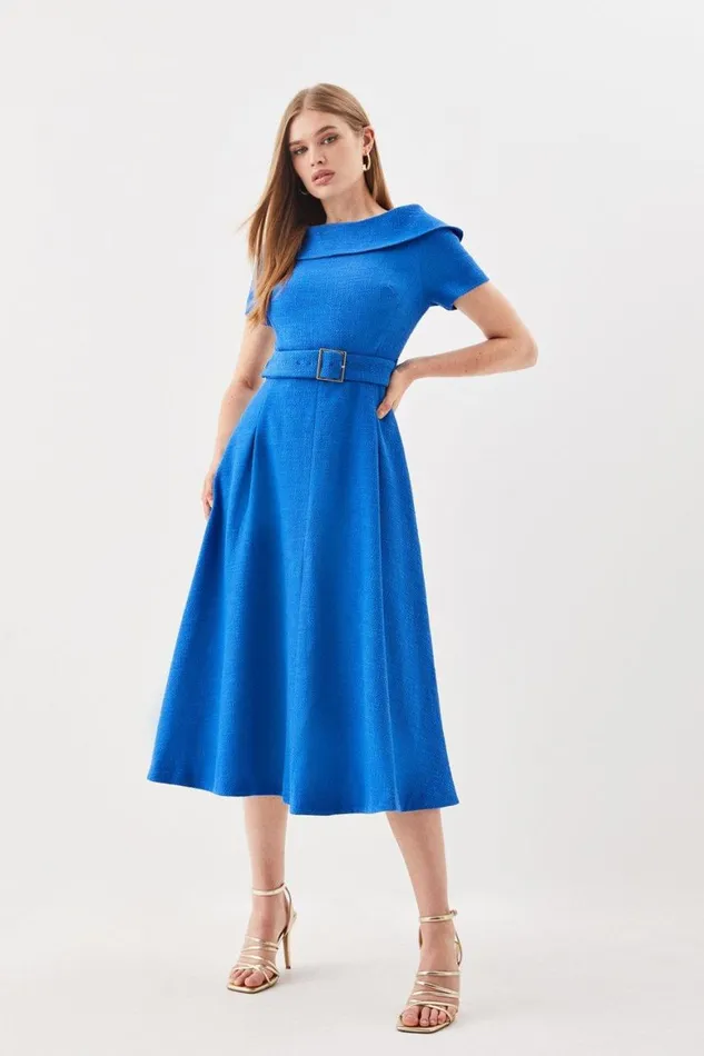 Dresses Women Karen Millen Tailored Roll Neck Tweed Bardot Belted Full Skirt Midi Dress Blue