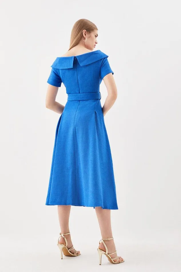 Dresses Women Karen Millen Tailored Roll Neck Tweed Bardot Belted Full Skirt Midi Dress Blue