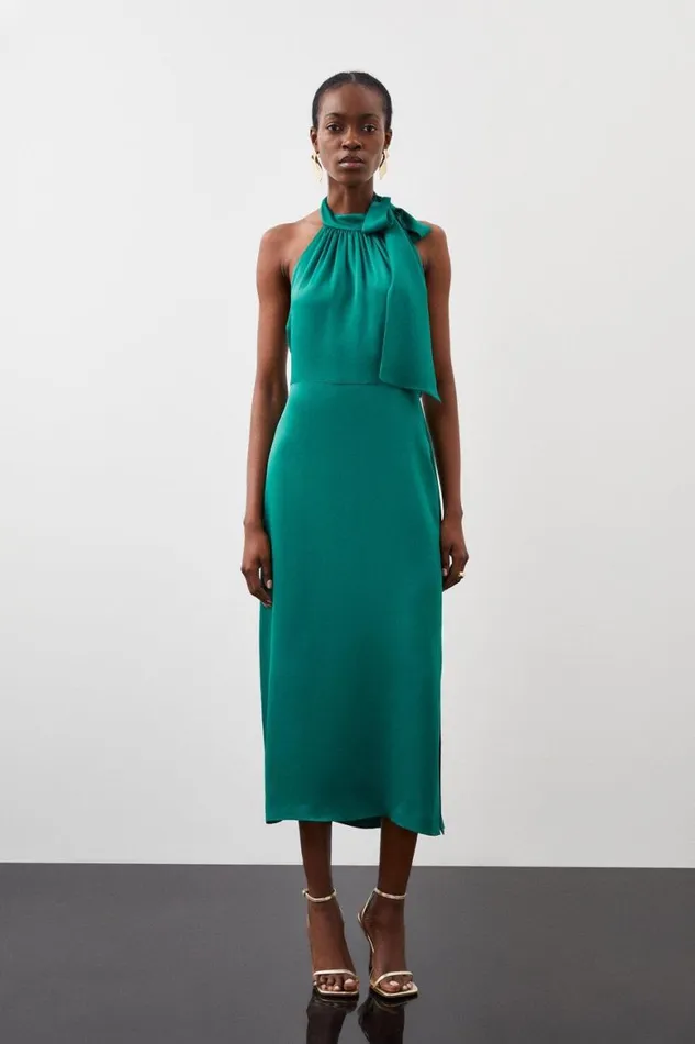 Dresses Women Karen Millen Tailored Satin Back Crepe Chain Back Pencil Midi Dress Emerald