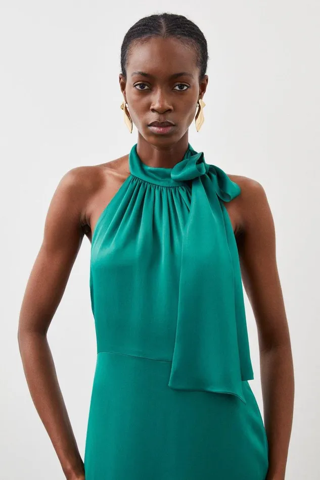 Dresses Women Karen Millen Tailored Satin Back Crepe Chain Back Pencil Midi Dress Emerald