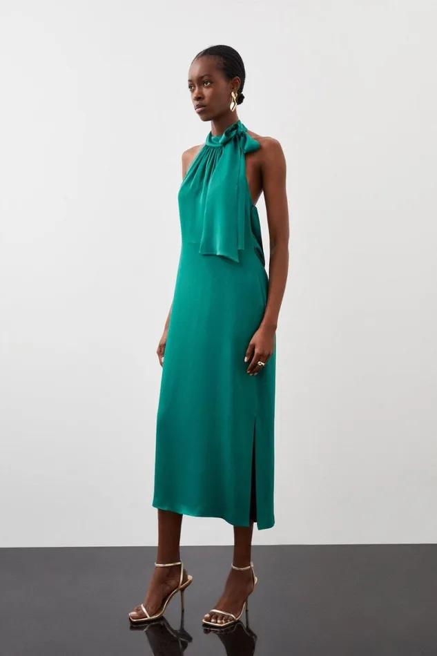 Dresses Women Karen Millen Tailored Satin Back Crepe Chain Back Pencil Midi Dress Emerald