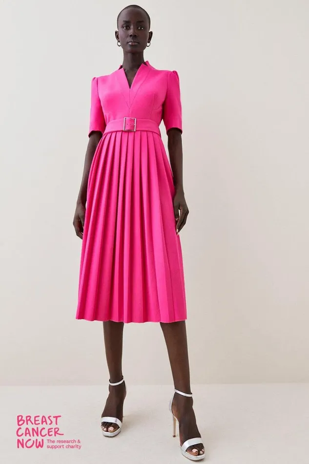 Dresses Women Karen Millen Tailored Structured Crepe Forever Pleat Belted Midi Dress Magenta