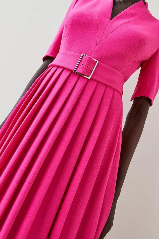 Dresses Women Karen Millen Tailored Structured Crepe Forever Pleat Belted Midi Dress Magenta