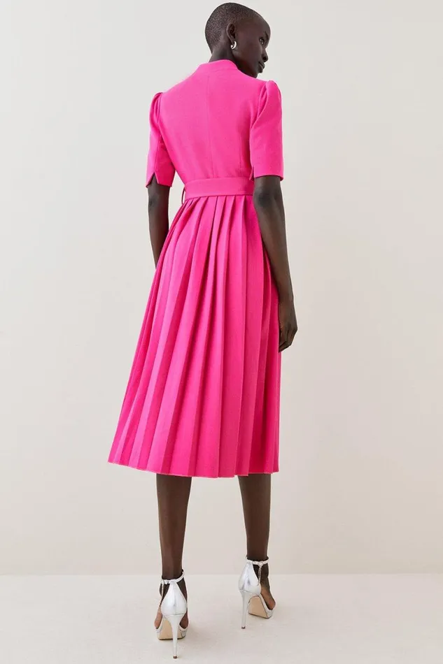 Dresses Women Karen Millen Tailored Structured Crepe Forever Pleat Belted Midi Dress Magenta