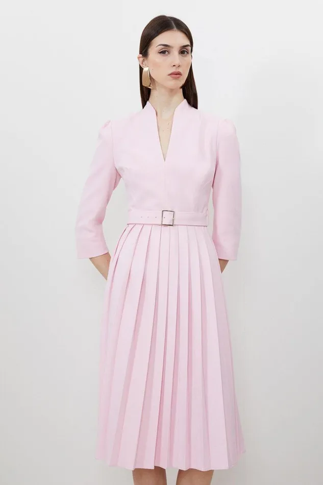 Dresses Women Karen Millen Tailored Structured Crepe High Neck Pleated Midi Dress Pink
