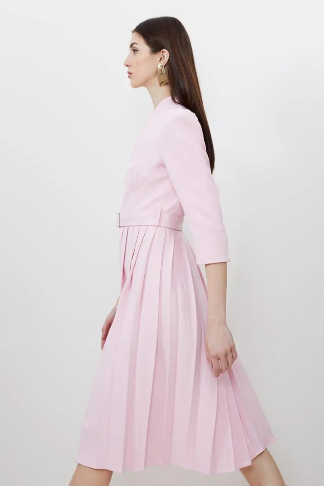 Dresses Women Karen Millen Tailored Structured Crepe High Neck Pleated Midi Dress Pink