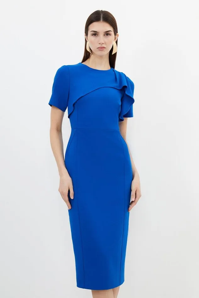Dresses Women Karen Millen Tailored Structured Crepe Ruffle Detail Pencil Midi Dress Cobalt