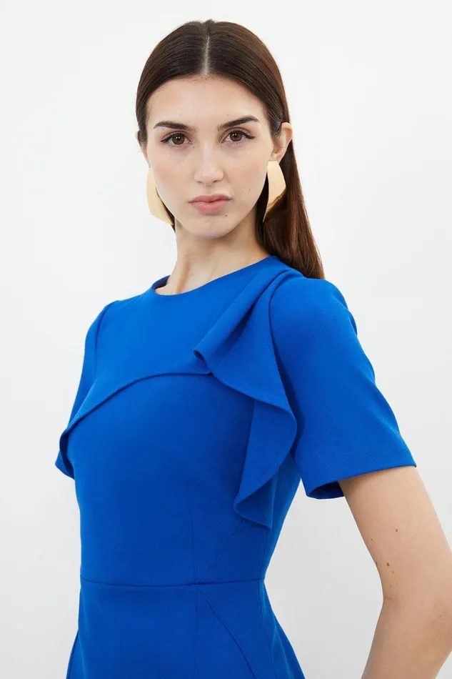 Dresses Women Karen Millen Tailored Structured Crepe Ruffle Detail Pencil Midi Dress Cobalt