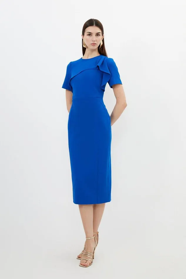 Dresses Women Karen Millen Tailored Structured Crepe Ruffle Detail Pencil Midi Dress Cobalt
