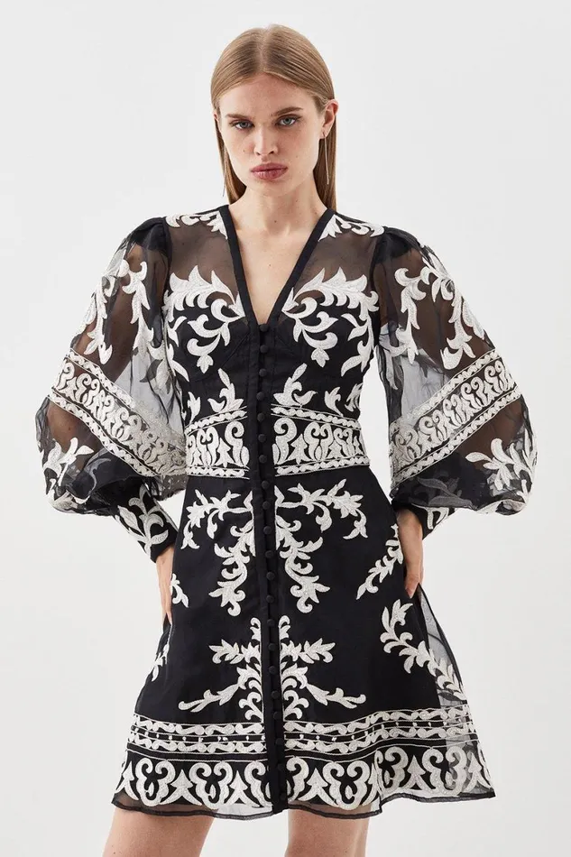 Dresses Women Karen Millen Tall Baroque Applique Woven Mini Dress Black