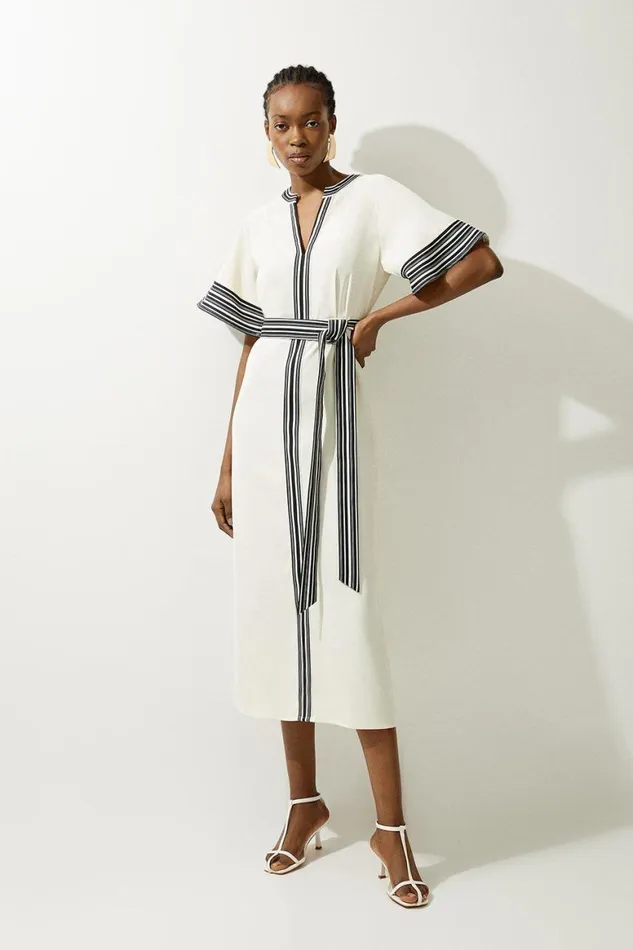Dresses Women Karen Millen Tall Contrast Stripe Mono Twill Woven Belted Midi Dress Ivory
