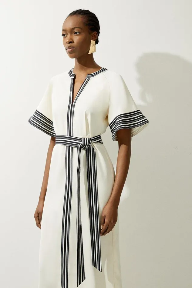 Dresses Women Karen Millen Tall Contrast Stripe Mono Twill Woven Belted Midi Dress Ivory