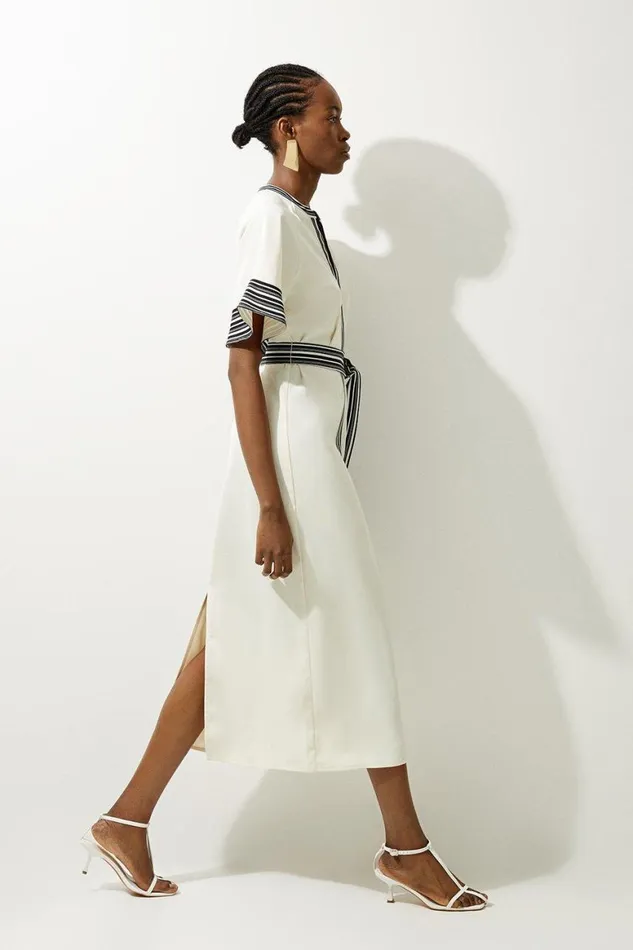 Dresses Women Karen Millen Tall Contrast Stripe Mono Twill Woven Belted Midi Dress Ivory