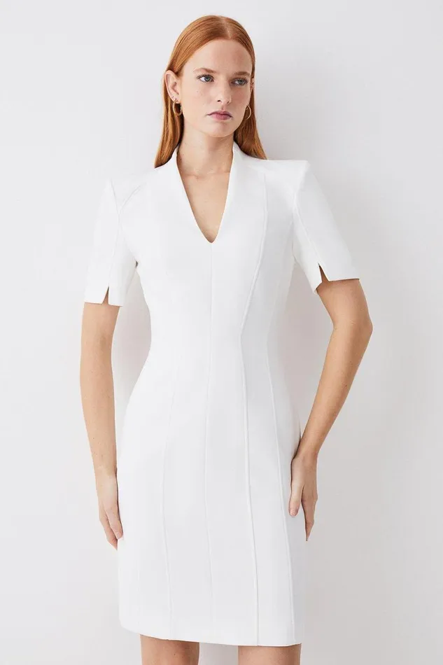 Dresses Women Karen Millen Tall Italian Compact Scuba Jersey Seamed A Line Mini Dress Ivory