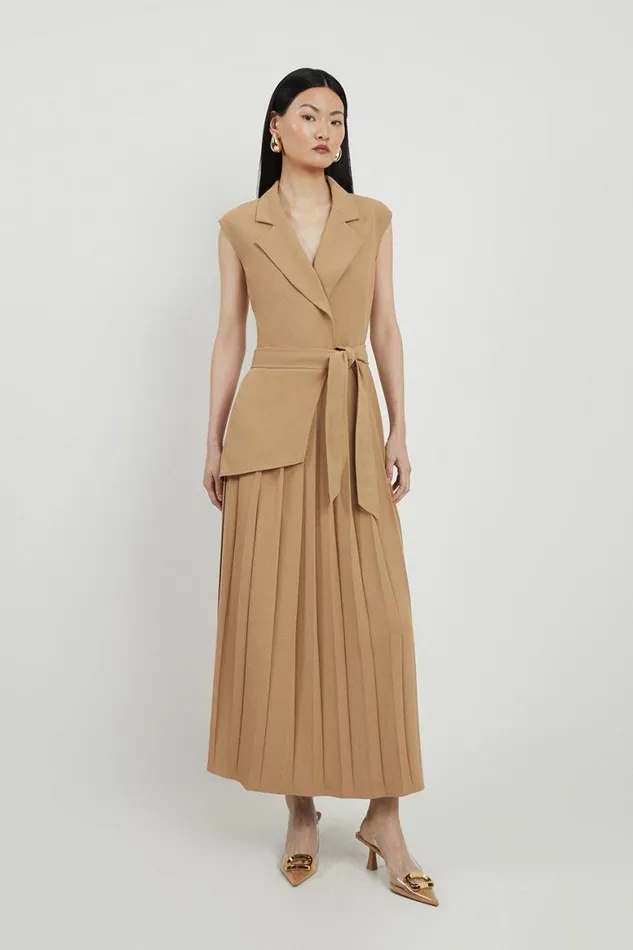 Dresses Women Karen Millen Tall Military Pleat Sleeveless Midi Dress Camel