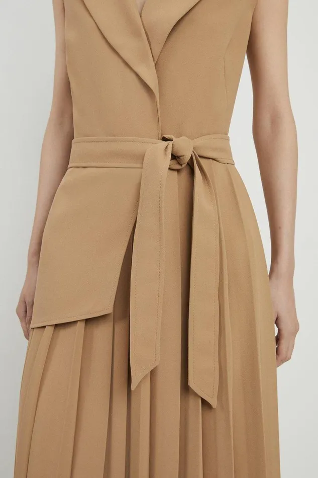 Dresses Women Karen Millen Tall Military Pleat Sleeveless Midi Dress Camel