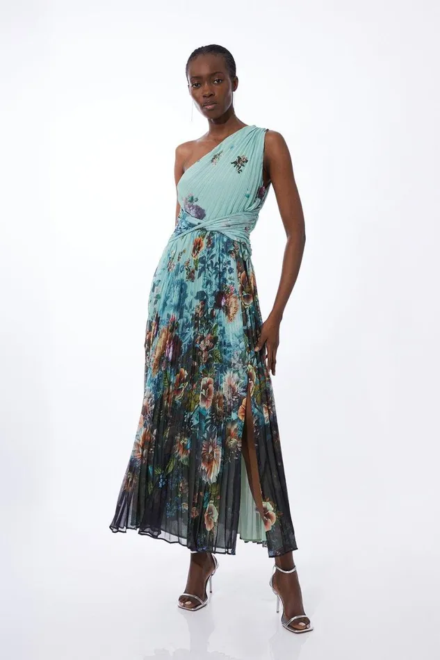 Dresses Women Karen Millen Tall Printed Pleated Yoryu Crinkle Woven Maxi Dress Black