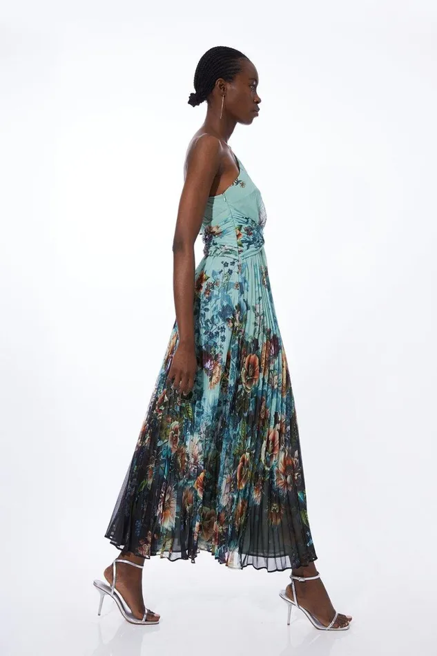 Dresses Women Karen Millen Tall Printed Pleated Yoryu Crinkle Woven Maxi Dress Black