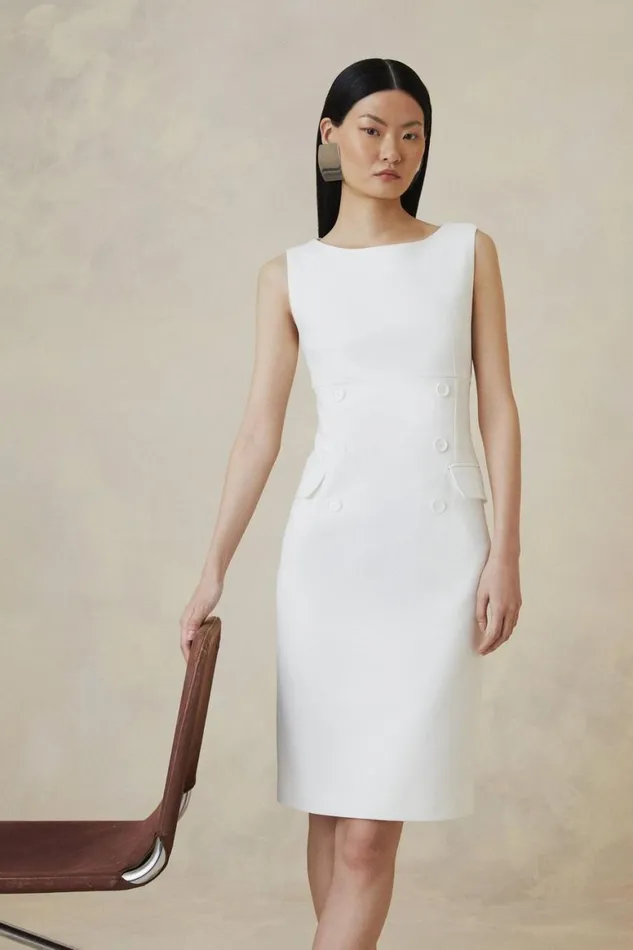 Dresses Women Karen Millen Tall The Founder Compact Stretch Button Detail Midi Dress Ivory