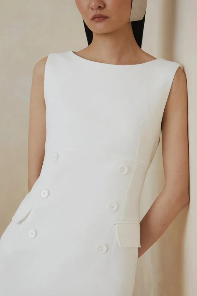 Dresses Women Karen Millen Tall The Founder Compact Stretch Button Detail Midi Dress Ivory