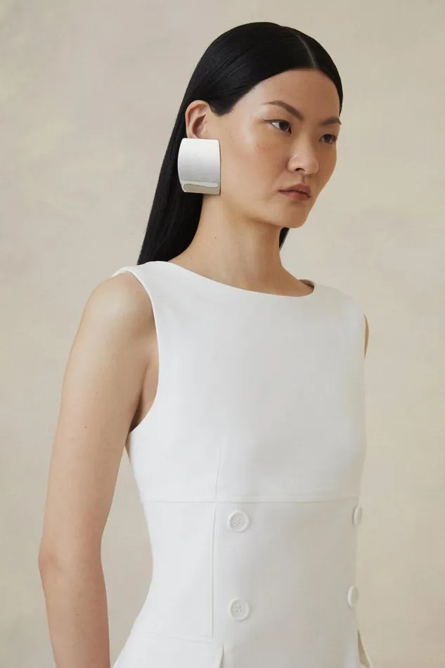Dresses Women Karen Millen Tall The Founder Compact Stretch Button Detail Midi Dress Ivory