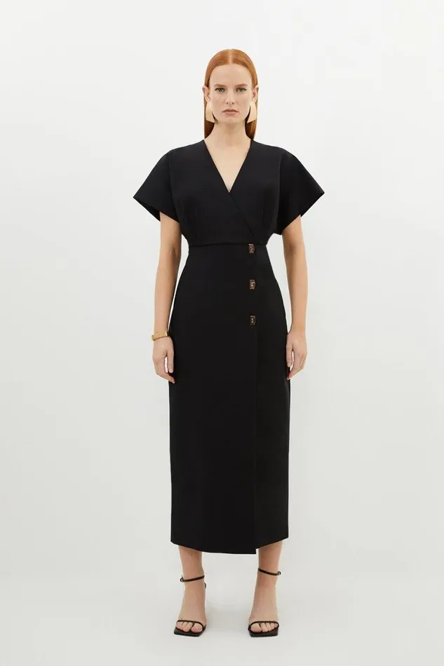 Dresses Women Karen Millen Techno Cotton Woven Midi Dress With Gold Clasp Black