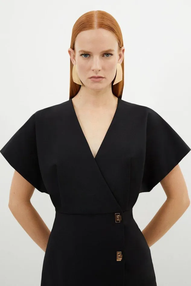 Dresses Women Karen Millen Techno Cotton Woven Midi Dress With Gold Clasp Black