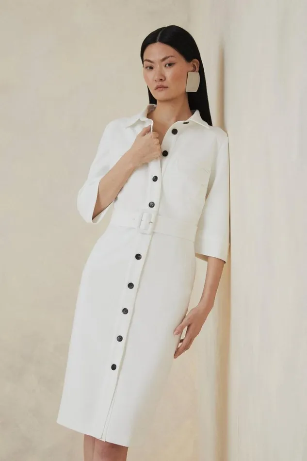 Dresses Women Karen Millen The Founder Compact Stretch Belted Midi Dress Ivory