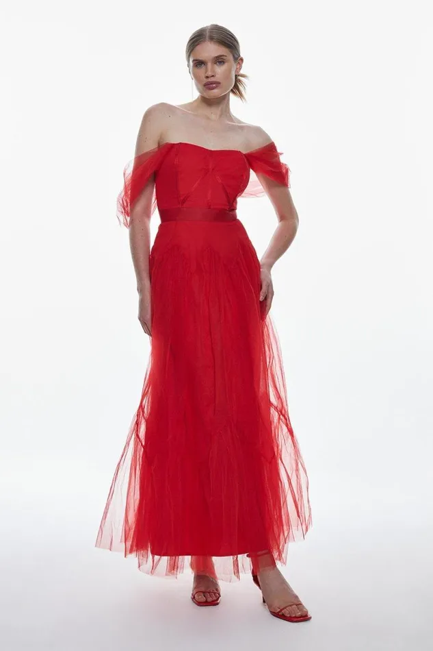 Dresses Women Karen Millen Tulle Corseted Woven Midi Dress Red