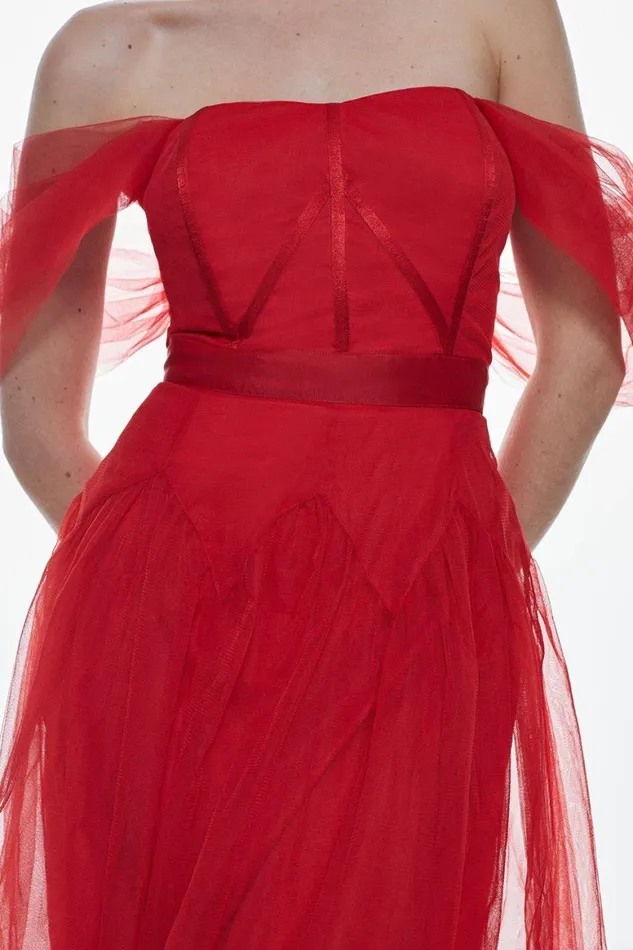 Dresses Women Karen Millen Tulle Corseted Woven Midi Dress Red