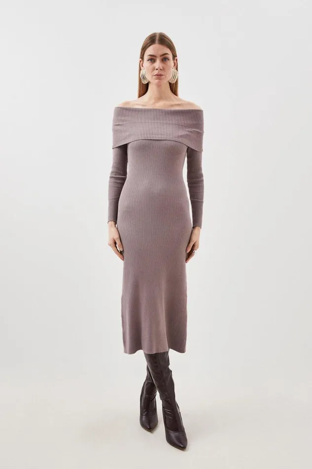 Dresses Women Karen Millen Viscose Blend Bardot Knit Midi Dress Mushroom