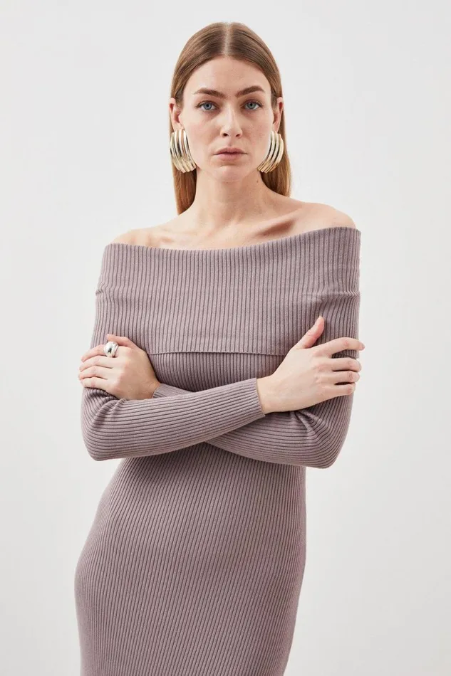 Dresses Women Karen Millen Viscose Blend Bardot Knit Midi Dress Mushroom