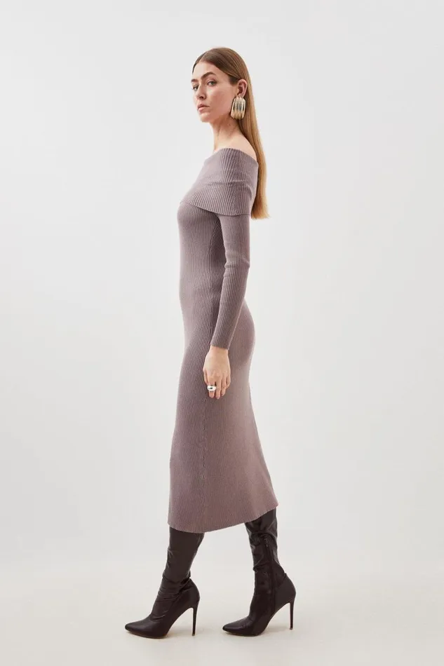 Dresses Women Karen Millen Viscose Blend Bardot Knit Midi Dress Mushroom