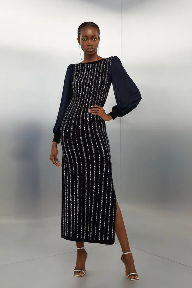 Dresses Women Karen Millen Viscose Blend Embellished Chiffon Sleeve Knit Midaxi Dress Navy