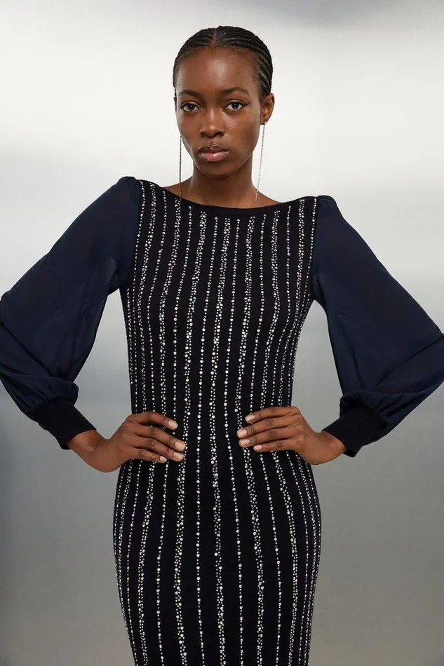 Dresses Women Karen Millen Viscose Blend Embellished Chiffon Sleeve Knit Midaxi Dress Navy