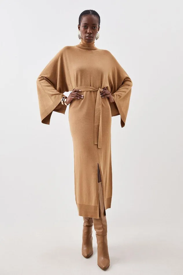 Dresses Women Karen Millen Viscose Blend Funnel Neck Belted Knitted Midi Dress Camel
