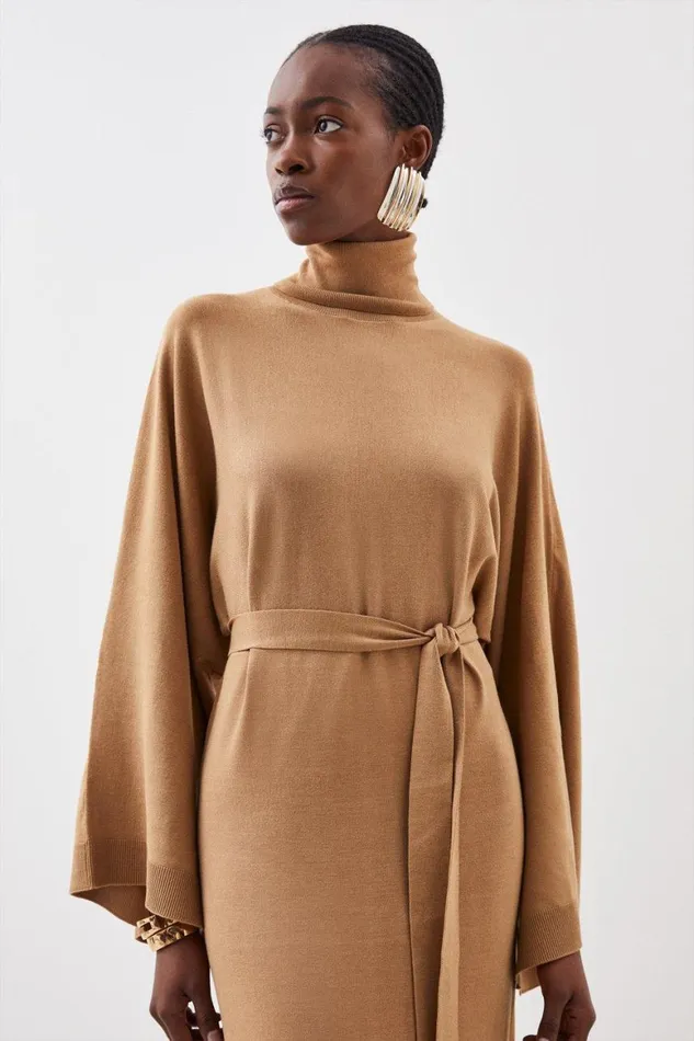 Dresses Women Karen Millen Viscose Blend Funnel Neck Belted Knitted Midi Dress Camel