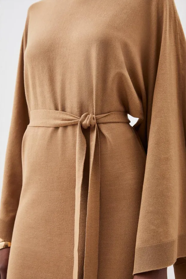 Dresses Women Karen Millen Viscose Blend Funnel Neck Belted Knitted Midi Dress Camel