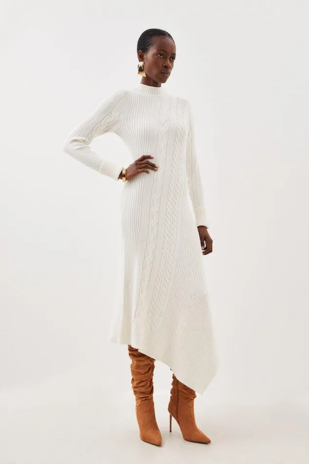 Dresses Women Karen Millen Viscose Blend High Neck Asymmetric Hem Cable Knit Midaxi Dress Ivory
