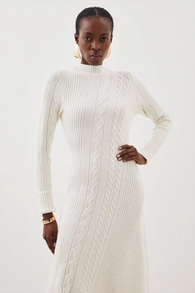 Dresses Women Karen Millen Viscose Blend High Neck Asymmetric Hem Cable Knit Midaxi Dress Ivory