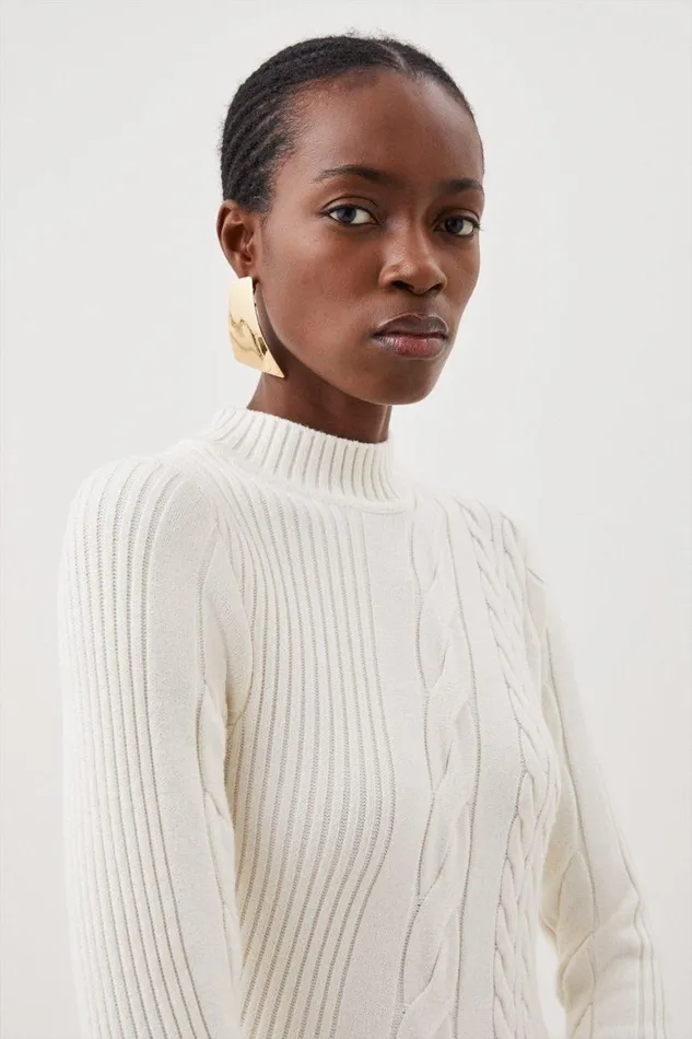 Dresses Women Karen Millen Viscose Blend High Neck Asymmetric Hem Cable Knit Midaxi Dress Ivory
