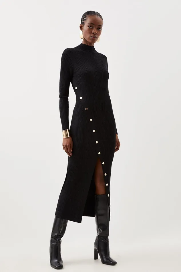 Dresses Women Karen Millen Viscose Blend Popper Detail Split Knit Midaxi Dress Black