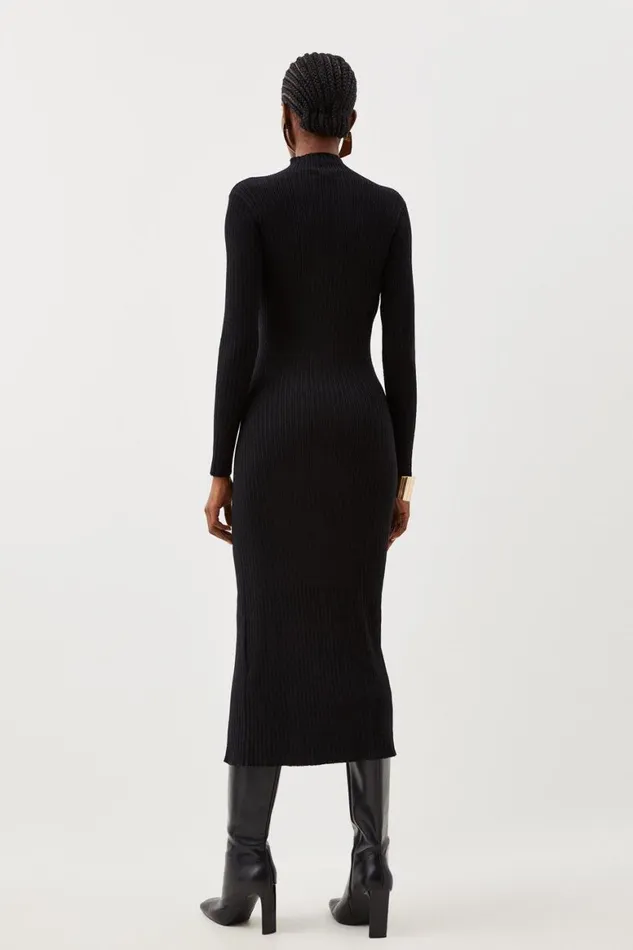 Dresses Women Karen Millen Viscose Blend Popper Detail Split Knit Midaxi Dress Black