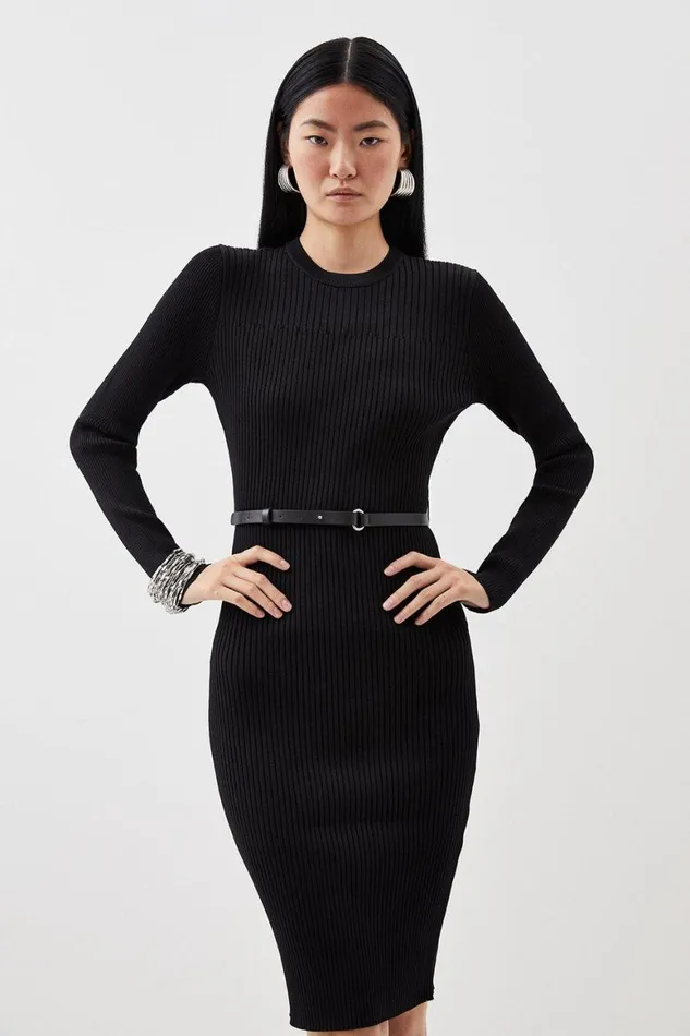 Dresses Women Karen Millen Viscose Blend Rib Knit Belted Midi Dress Black