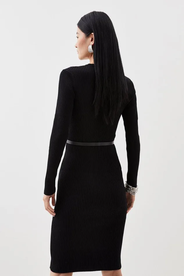 Dresses Women Karen Millen Viscose Blend Rib Knit Belted Midi Dress Black