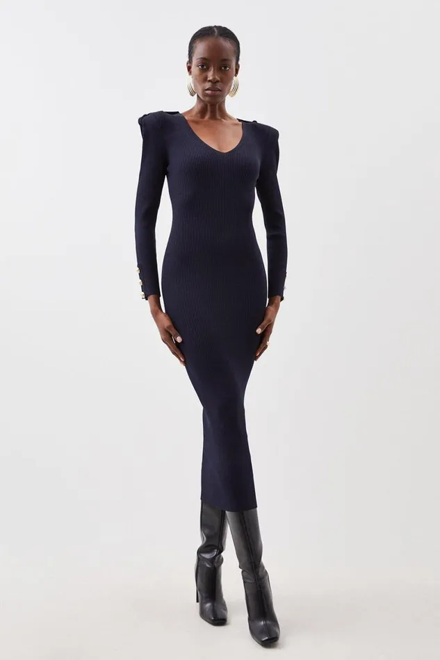 Dresses Women Karen Millen Viscose Blend Rib Knit Military Power Shoulder Midaxi Dress Navy